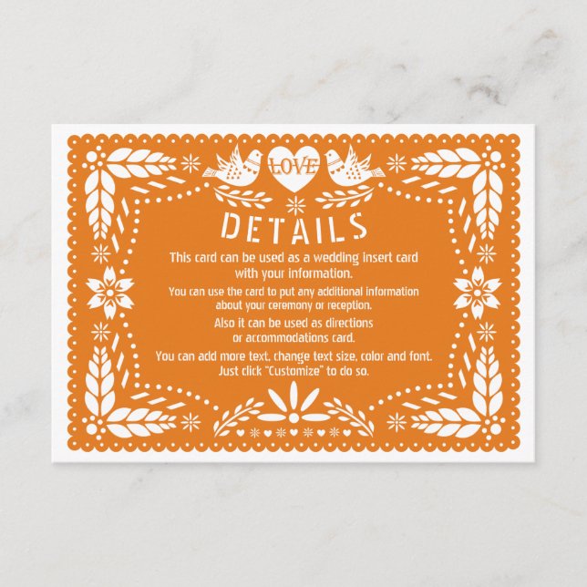 Information om orange papel picado love birds bröl tilläggskort (Framsida)