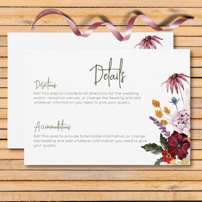 Information om Pastel & Burgundy Blooms Modern Blo Tilläggskort (Pastel & Burgundy Blooms Modern Floral Details Enclosure Card)