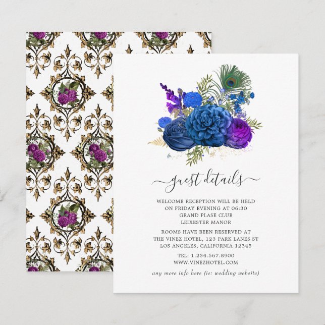 Information om Peacock Guest för marinblått och Gu Tilläggskort (Fram/baksida)