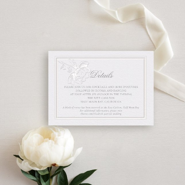 Information om Peony Modern Formell Elegant Ivory  Tilläggskort (peony wedding details card formal modern classic traditional calligraphy double frame faux embossed )