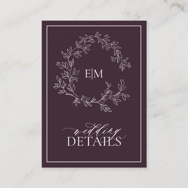 Information om Plum Lila Leafy Vapensköld Monogram Tilläggskort (Framsida)