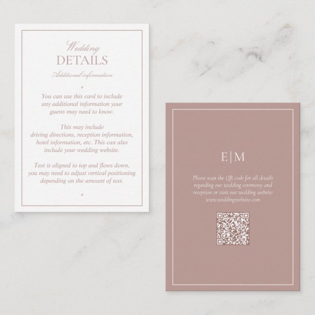 Information om QR Elegant Monogram Rosa Bröllop  Tilläggskort (Fram/baksida)