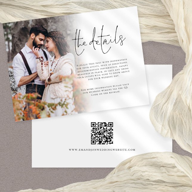 Information om QR-kod för fotoöverlägg Bröllop Tilläggskort (Details card with handy QR code for guests to scan to visit your wedding website)