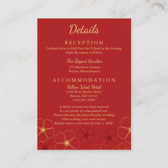 Information om Red Guld Cherry Blommar Bröllop Tilläggskort (Framsida)