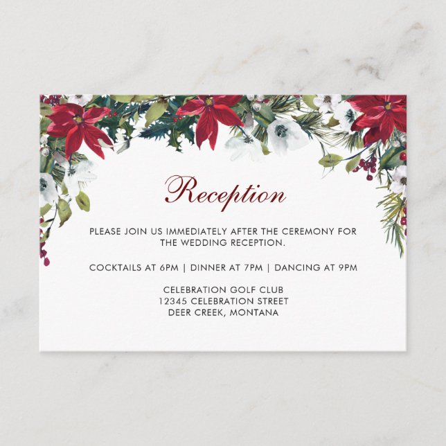 Information om Red Poinsettia Blommigt Wedding Rec Tilläggskort (Framsida)