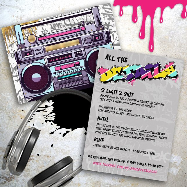 Information om Retro 80:s Hip hop Boombox Bröllop Tilläggskort (Retro 80's Hip Hop boombox colorful graffiti hot pink aqua gold record album wedding details card)