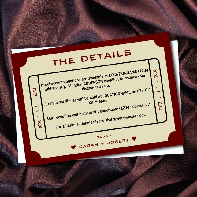 Information om Retro Movie Biljett Bröllop Tilläggskort (Retro Movie Ticket Wedding Details Enclosure Card)