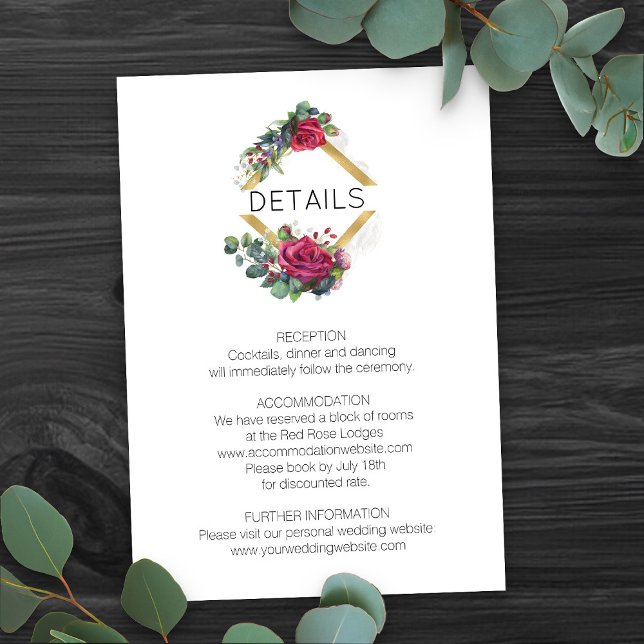 Information om röd ros och Eucaluptus Bröllop Tilläggskort (Romantic floral wedding details card from my Red Rose and Eucalyptus Wedding Collection)