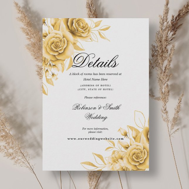 Information om Romantic Blommigt Guld Bröllop Tilläggskort (Romantic Floral Gold Wedding Details Enclosure Card)