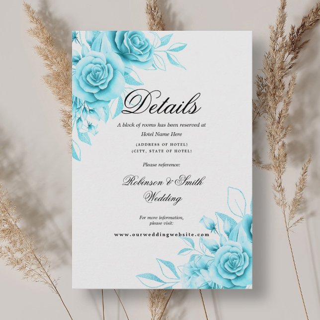 Information om Romantic Blommigt Tur ise Bröllop Tilläggskort (Romantic Floral Turquoise Wedding Details Enclosure Card)