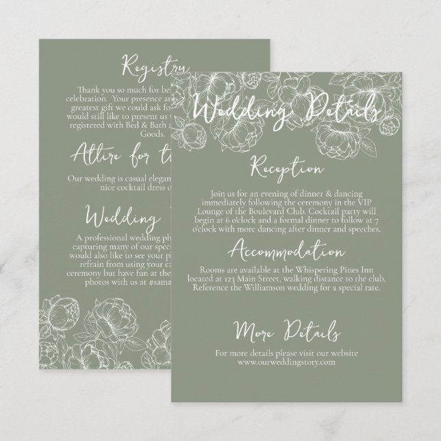 Information om Romantic Boho Sage Grönt Blommigt B Tilläggskort (Fram/baksida)