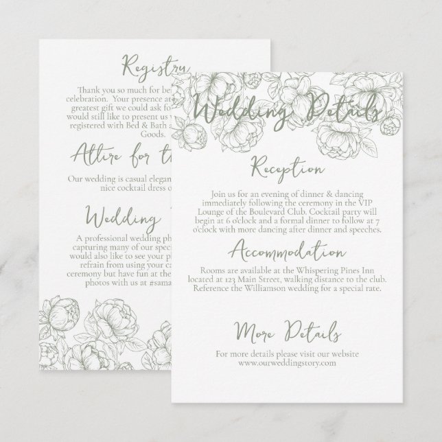 Information om Romantic Boho Sage Grönt Blommigt B Tilläggskort (Fram/baksida)