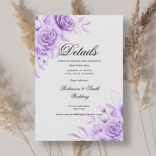 Information om Romantisk Blommigt Lila Bröllop Tilläggskort (Romantic Floral Purple Wedding Details Enclosure Card)