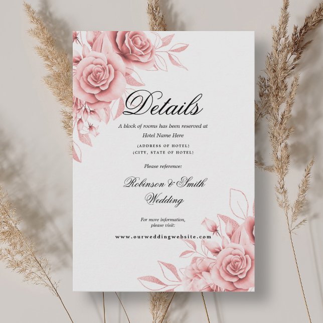 Information om Romantisk Blommigt  Rosa Bröllop Tilläggskort (Romantic Floral Blush Pink Wedding Details Enclosure Card)