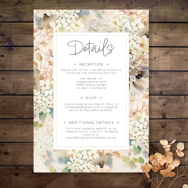 Information om romantisk Neutralt Vintage Hydrange Tilläggskort (Romantic Neutral Vintage Hydrangea Wedding Details Enclosure Card)