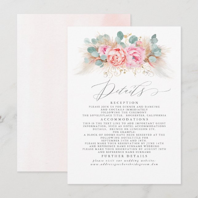 Information om rosa Blommigt Pampas Grass Bröllop Tilläggskort (Fram/baksida)