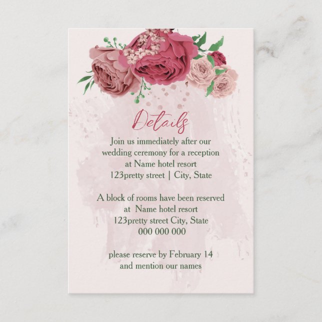 Information om rosa Blommor grönt löv bröllop Tilläggskort (Framsida)