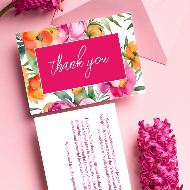 Information om rosa färg  orange peonies elegant o tack kort (Bold colors pink orange peonies elegant details thank you card)