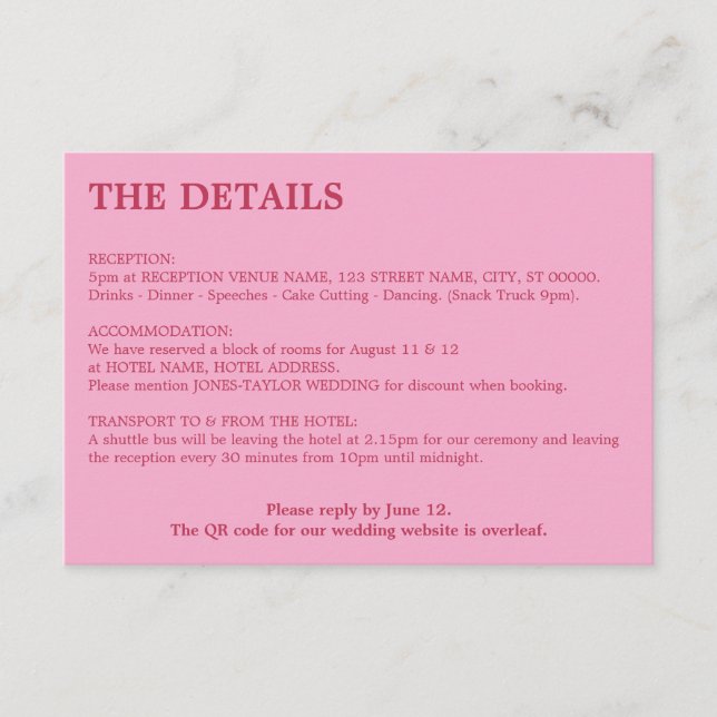 Information om rosa Magenta QR-kod Bröllop Tilläggskort (Framsida)