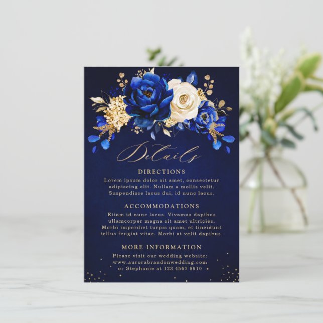 Information om Royal Blue Gult Guld Blommigt Bröll Tilläggskort (Stående Fram)