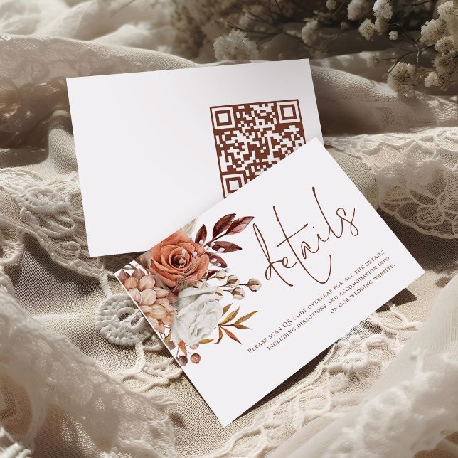 Information om Rust-Blommigtar Brun skript QR-kod  Tilläggskort (front and back view)