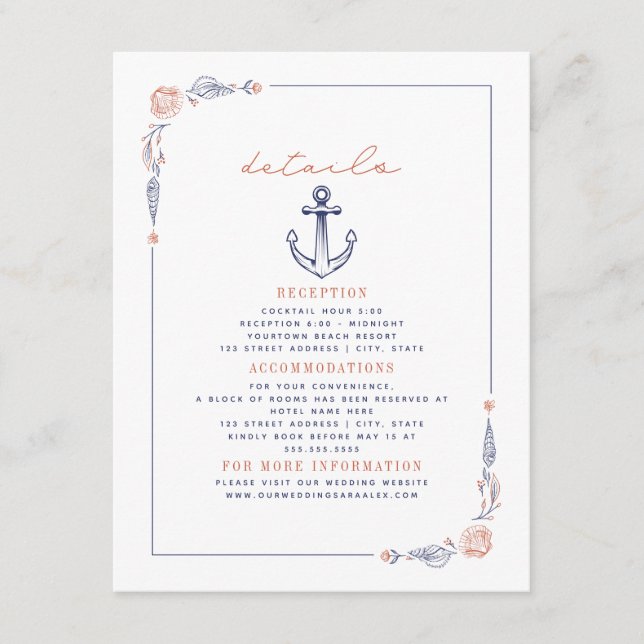 Information om Rustic Anchor Red & Blue Beach Wedd Tilläggskort (Framsida)