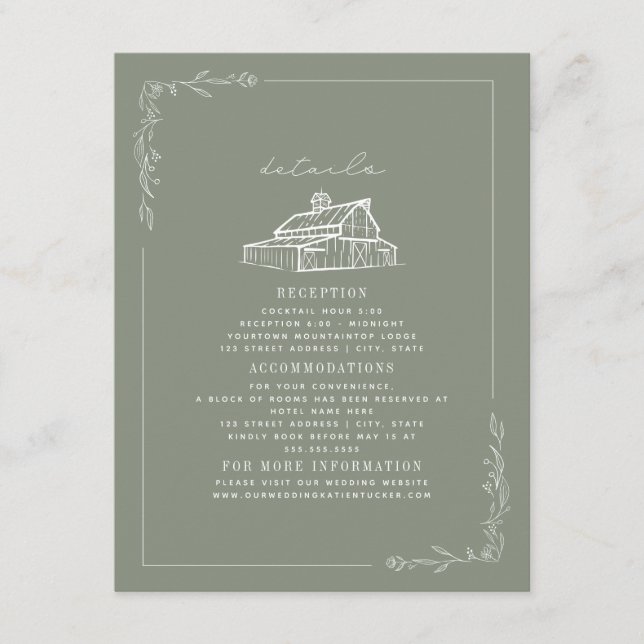 Information om Rustic Barn Sage Grönt Fall Wedding Tilläggskort (Framsida)