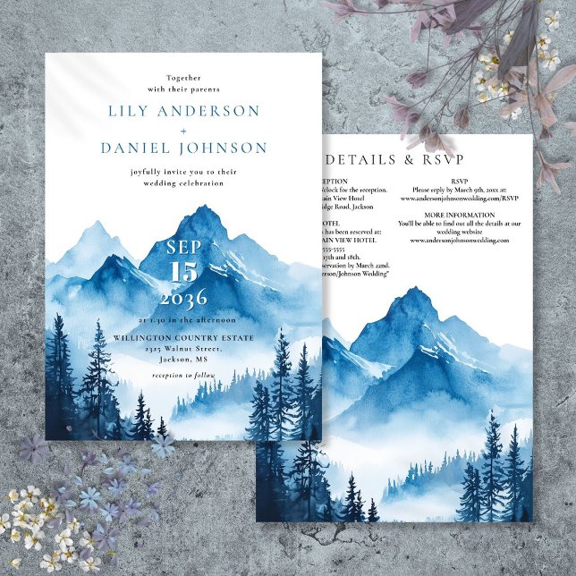 Information om Rustic Blue Watercolor Mountain Brö Inbjudningar (Rustic Blue Watercolor Mountain Wedding Details Invitation)