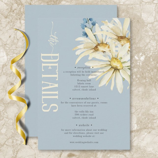 Information om Rustic Blue & White Daisy Bröllop Tilläggskort (Rustic Blue & White Daisies Wedding Details Enclosure Card)
