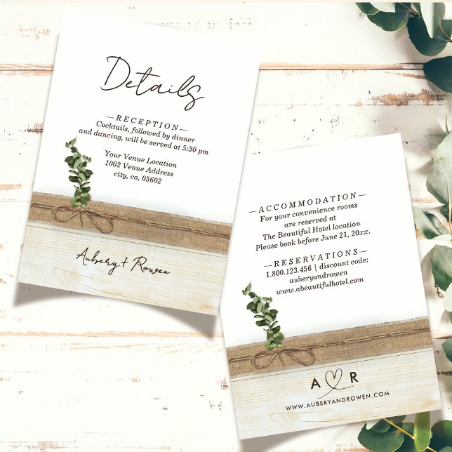 Information om Rustic Boho Burlap Wood Eucalyptus  Tilläggskort (Skapare uppladdad)