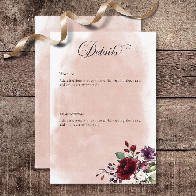 Information om Rustic Burgundy &  Rosa ros Tilläggskort (Rustic Burgundy & Blush Pink Roses Wedding Details Enclosure Card)