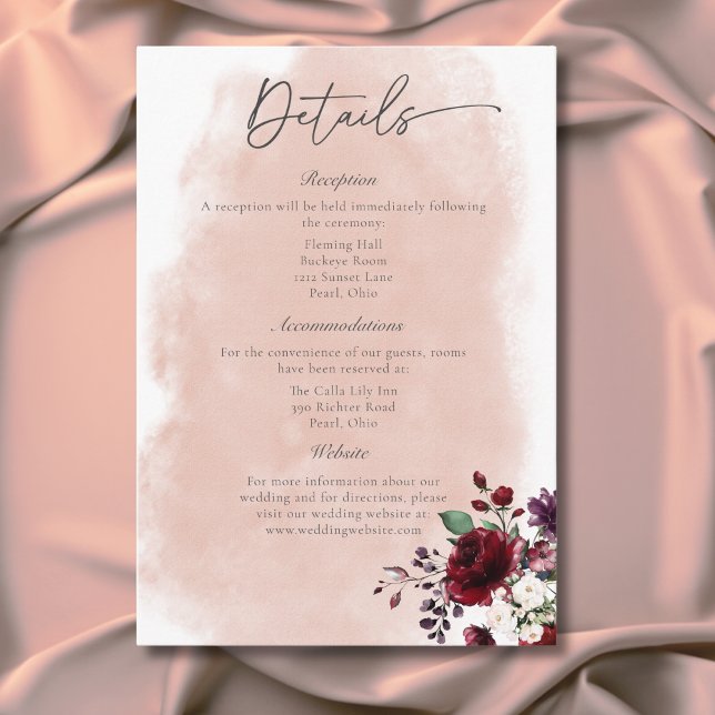 Information om Rustic Burgundy &  Rosa ros Tilläggskort (Rustic Burgundy & Blush Pink Roses Details Enclosure Card)