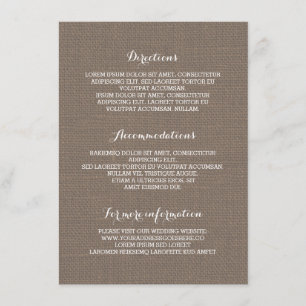 Information om Rustic Burlap Bröllop - Information Tilläggskort
