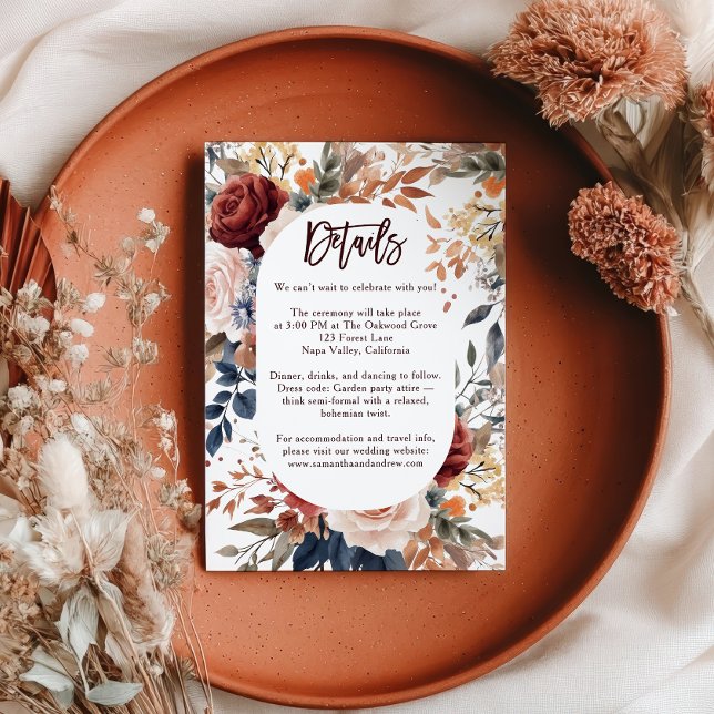 Information om Rustic Burnt Orange Boho Blommigt B Tilläggskort (Rustic Burnt Orange Boho Floral Wedding Details Enclosure Card)
