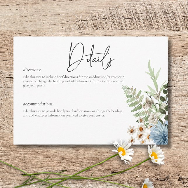 Information om Rustic Dusty Blue Wildblommor & Dai Tilläggskort (Rustic Dusty Blue Wildflowers & Daisies Details Enclosure Card)