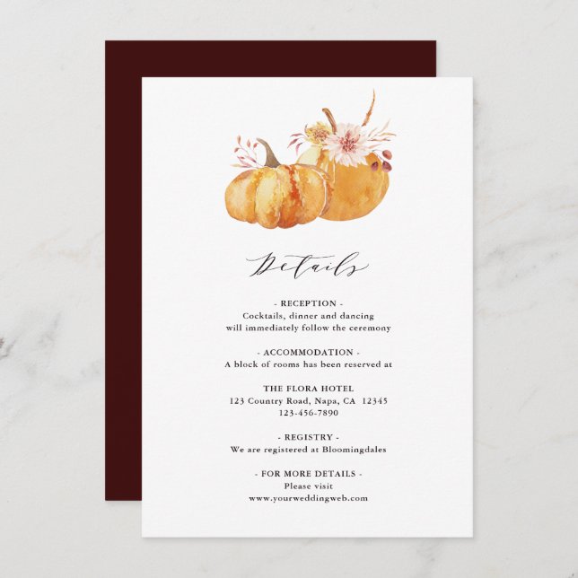 Information om Rustic Fall Guld Blommigt Pumpkin B Tilläggskort (Fram/baksida)