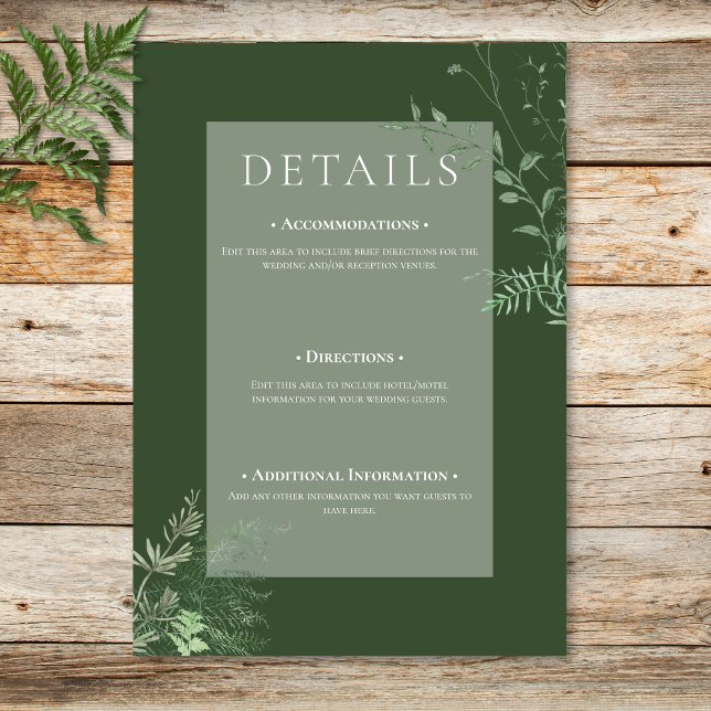 Information om Rustic Fern Grönt Foliage Emerald G Tilläggskort (Rustic Fern Green Foliage Emerald Green Details Enclosure Card)