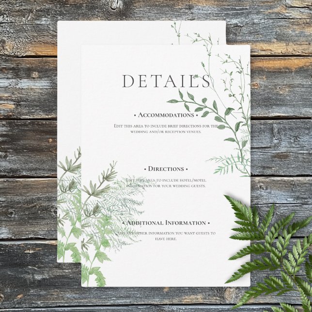 Information om Rustic Fern Grönt Foliage White Brö Tilläggskort (Rustic Fern Green Foliage White Wedding Details Enclosure Card)