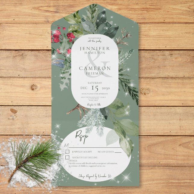 Information om Rustic Grönt Gräs & Holly Winter-Gn (Rustic Green Pine & Holly Winter Sparkle Details All In One Invitation)