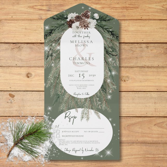 Information om Rustic Grönt Gräs Winter-Gnistran (Rustic Green Pine Winter Sparkle Details All In One Invitation)