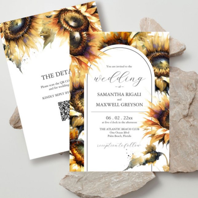 Information om Rustic Gult Solros Bröllop QR-kod Inbjudningar (Wedding invitations with details and QR code. Unique sunflower watercolor art.)