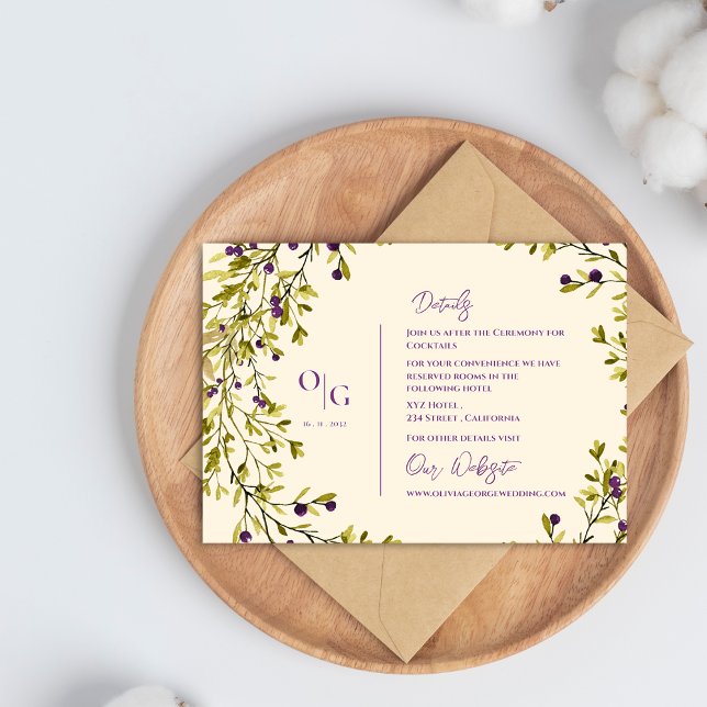 Information om Rustic Lila Berry Greenery Bröllop Tilläggskort (Rustic Purple Berry Greenery Wedding Details Enclosure Card)
