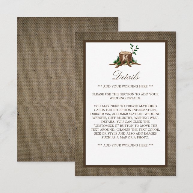Information om Rustic Monogram Träd & Burlap Bröll Tilläggskort (Fram/baksida)