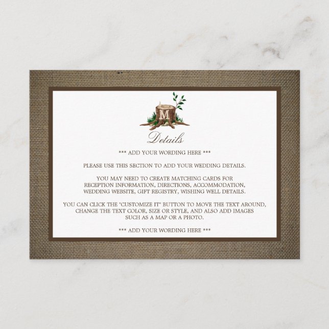 Information om Rustic Monogram Träd & Burlap Bröll Tilläggskort (Framsida)