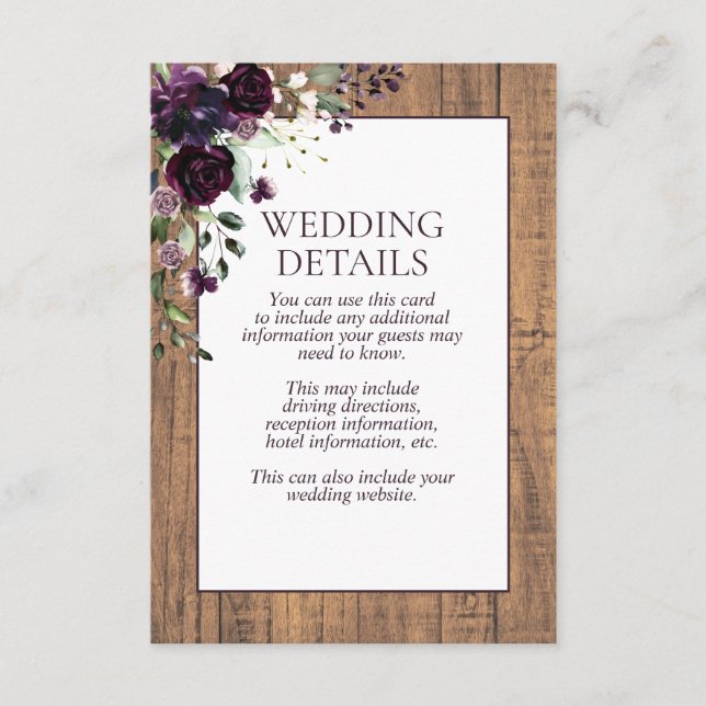 Information om Rustic Plum Lila Blommigt Wood Tilläggskort (Framsida)