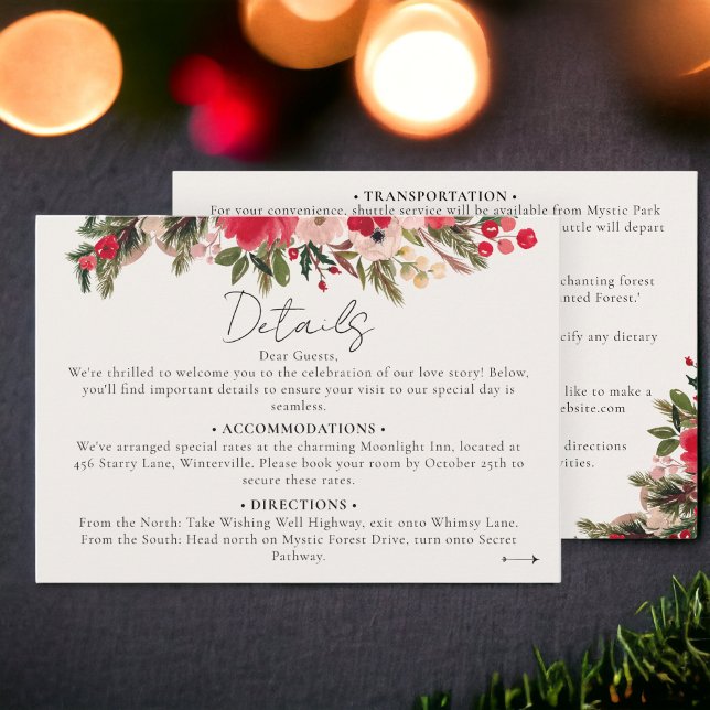 Information om Rustic Red grönt Blommigt Winter We Tilläggskort (Rustic Red green Floral Winter Wedding details Enclosure Card)