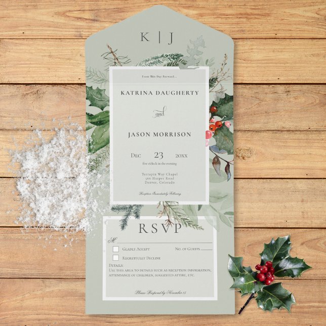 Information om Rustic Sage Winter Holly & Gräs (Rustic Sage Winter Holly & Pine Details All In One Invitation)