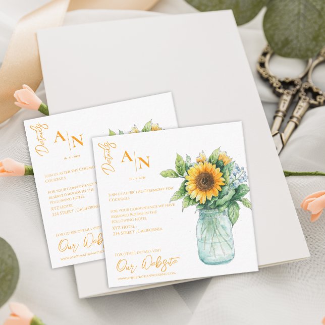 Information om Rustic Solros Mason Burk Bröllop Tilläggskort (Rustic Sunflower Mason Jar Wedding Details Enclosure Card)