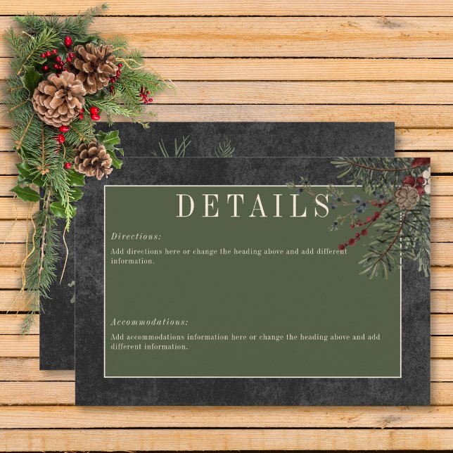 Information om Rustic Winter Berries & Gräs Black Tilläggskort (Rustic Winter Berries & Pine Black Wedding Details Card)