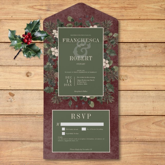 Information om Rustic Winter Berries & Gräs Burgun (Rustic Winter Berries & Pine Burgundy Details All In One Invitation)